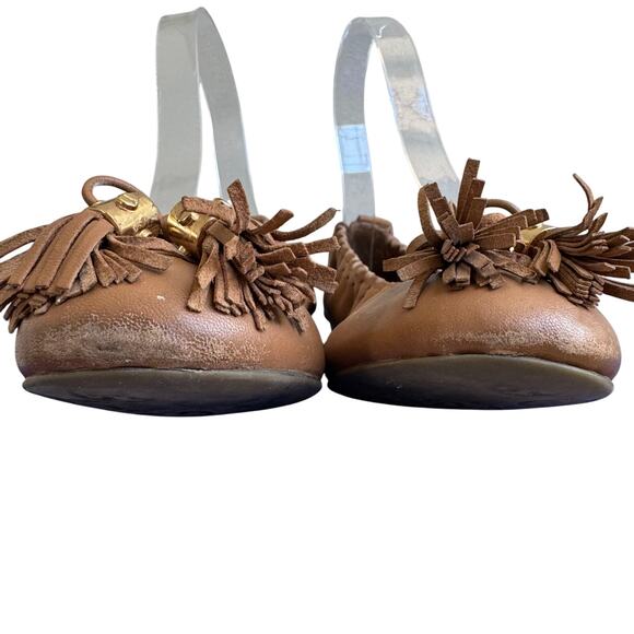Tory Burch Reese Tan Leather Stretch Tassel Slip On Logo Ballet Flats Size 6 - Picture 3 of 8